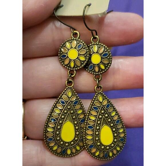 Three Pairs Dangle Earrings BOHO Western Style Yellow & Bronze Tone - Picture 7 of 11